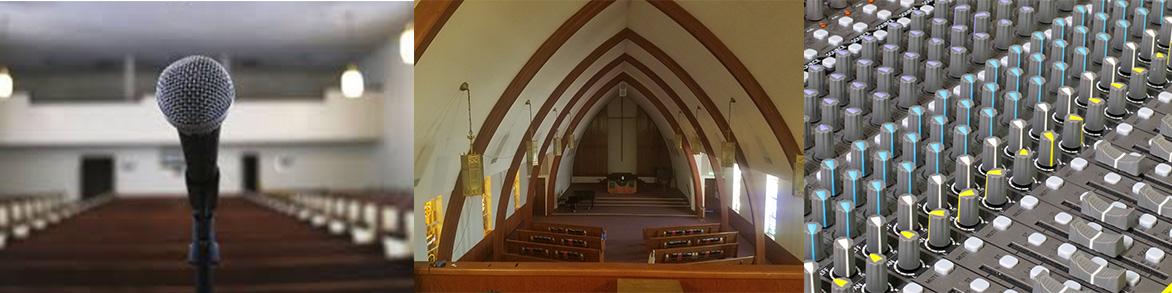 Closeup of microphone with church pews in the background, View from church sound loft showing arches and pa speaker in background, closeup of sound mixing board